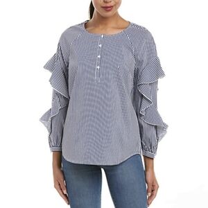 7 For All Mankind Striped White & Blue Ruffle Sleeve Blouse